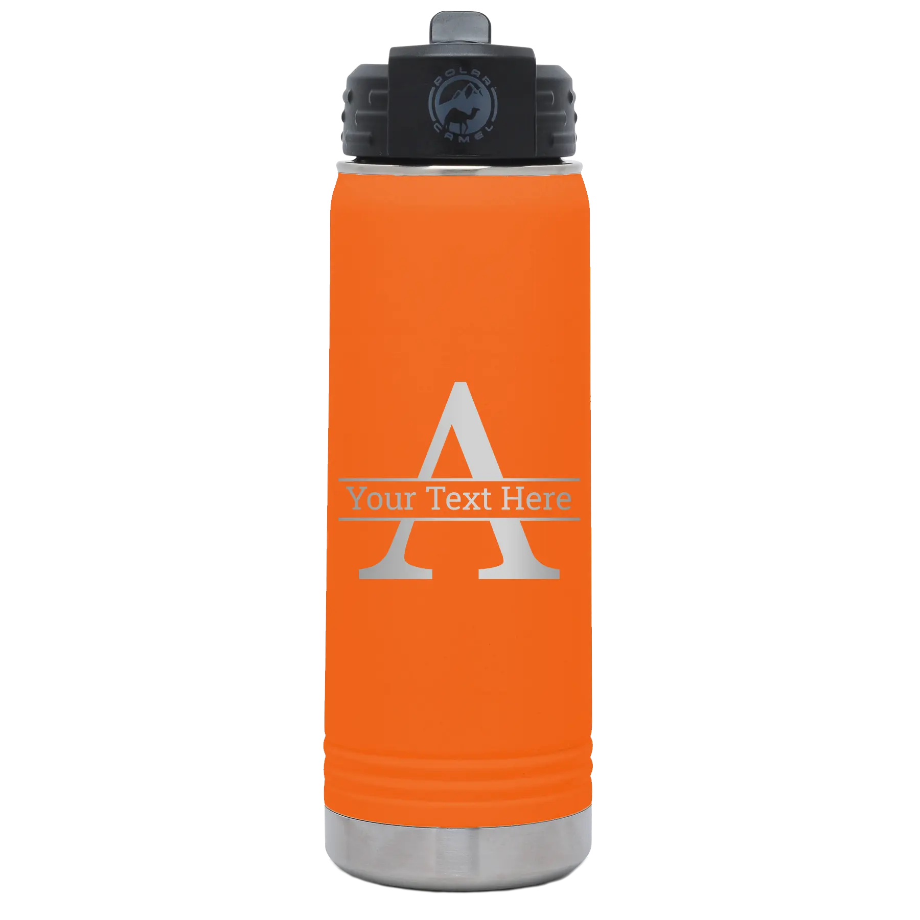 Personalized orange 20 oz vacuum insulated water bottle with 'Monogram letter A' design