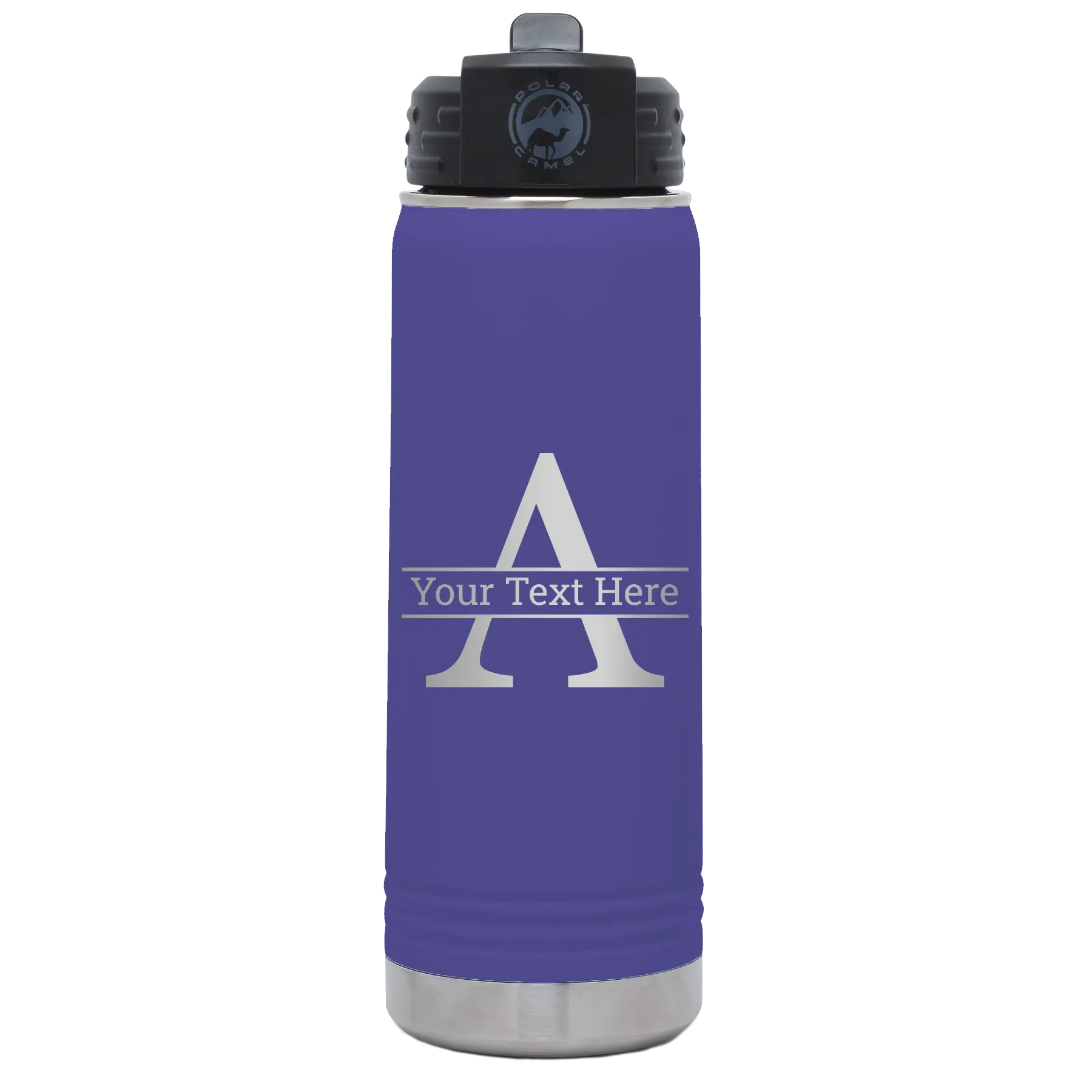 Personalized purple 20 oz vacuum insulated water bottle with 'Monogram letter A' design