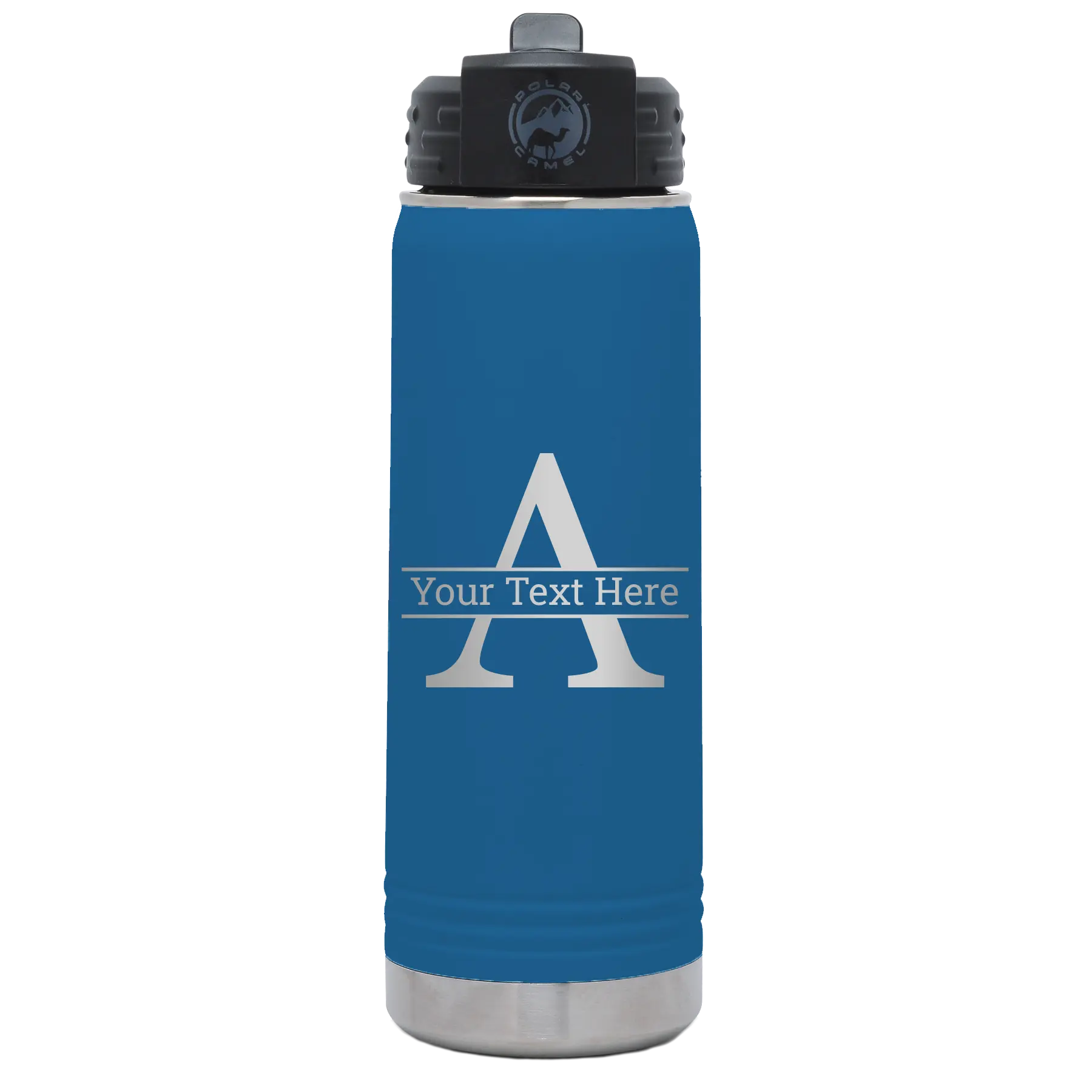 Personalized royal blue 20 oz vacuum insulated water bottle with 'Monogram letter A' design