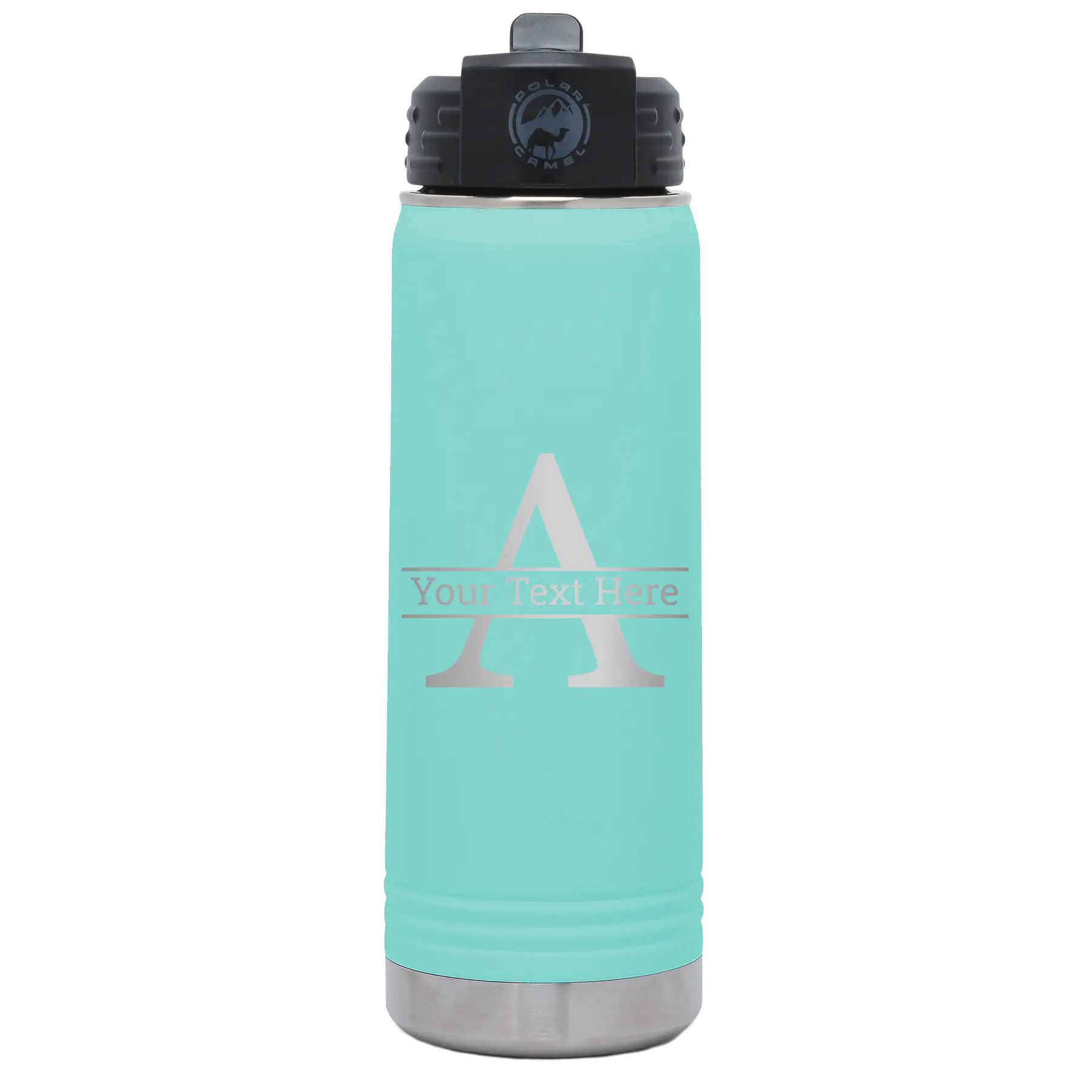 Personalized teal 20 oz vacuum insulated water bottle with 'Monogram letter A' design