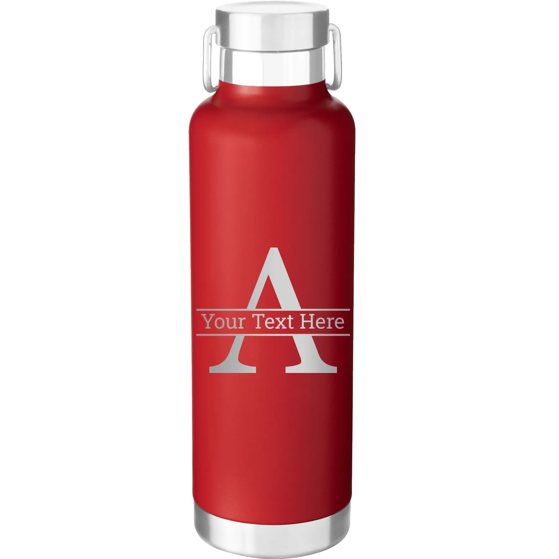 Personalized red 24 oz vacuum insulated water bottle with 'Monogram letter A' design