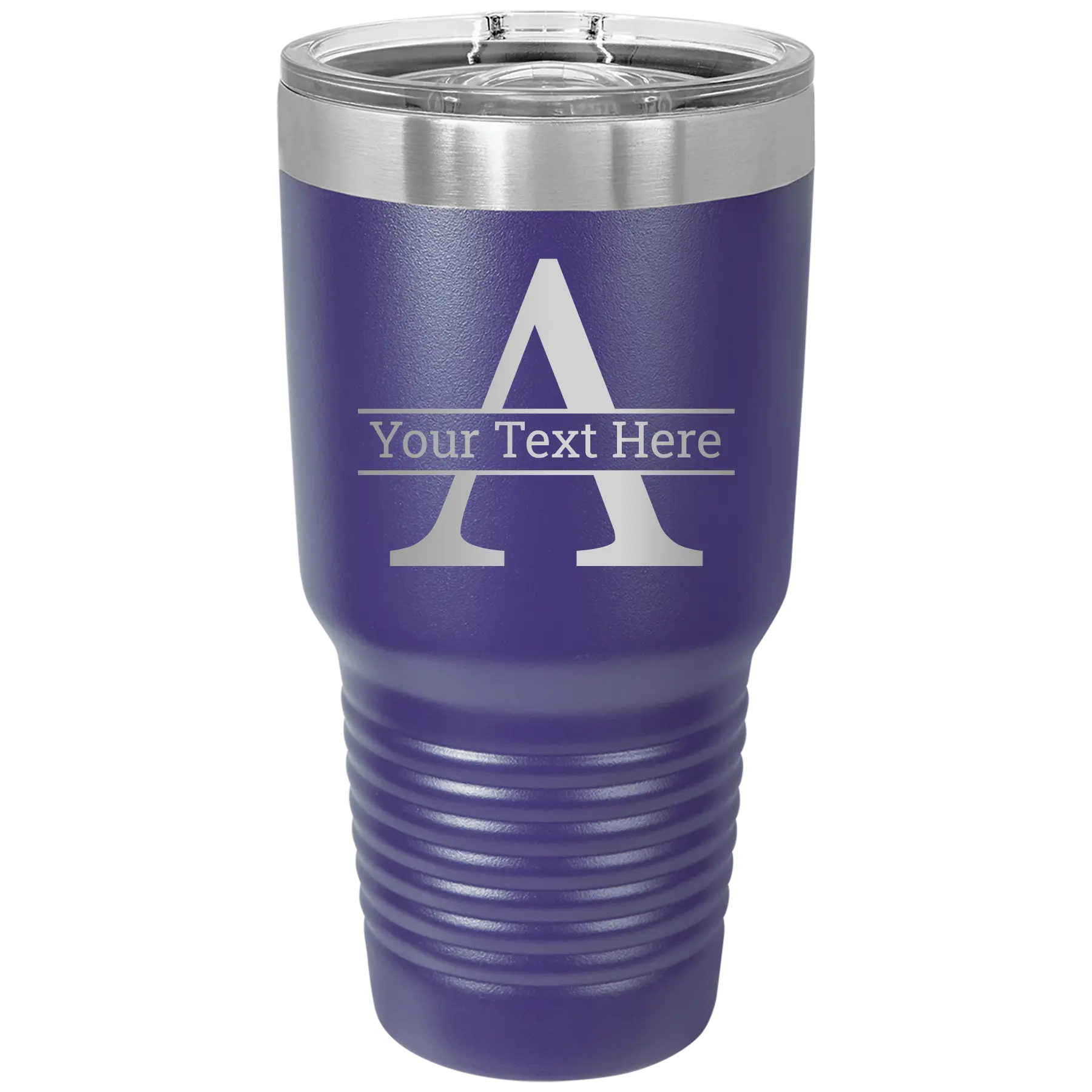Personalized purple 30 oz vacuum insulated tumbler with 'Monogram letter A' design