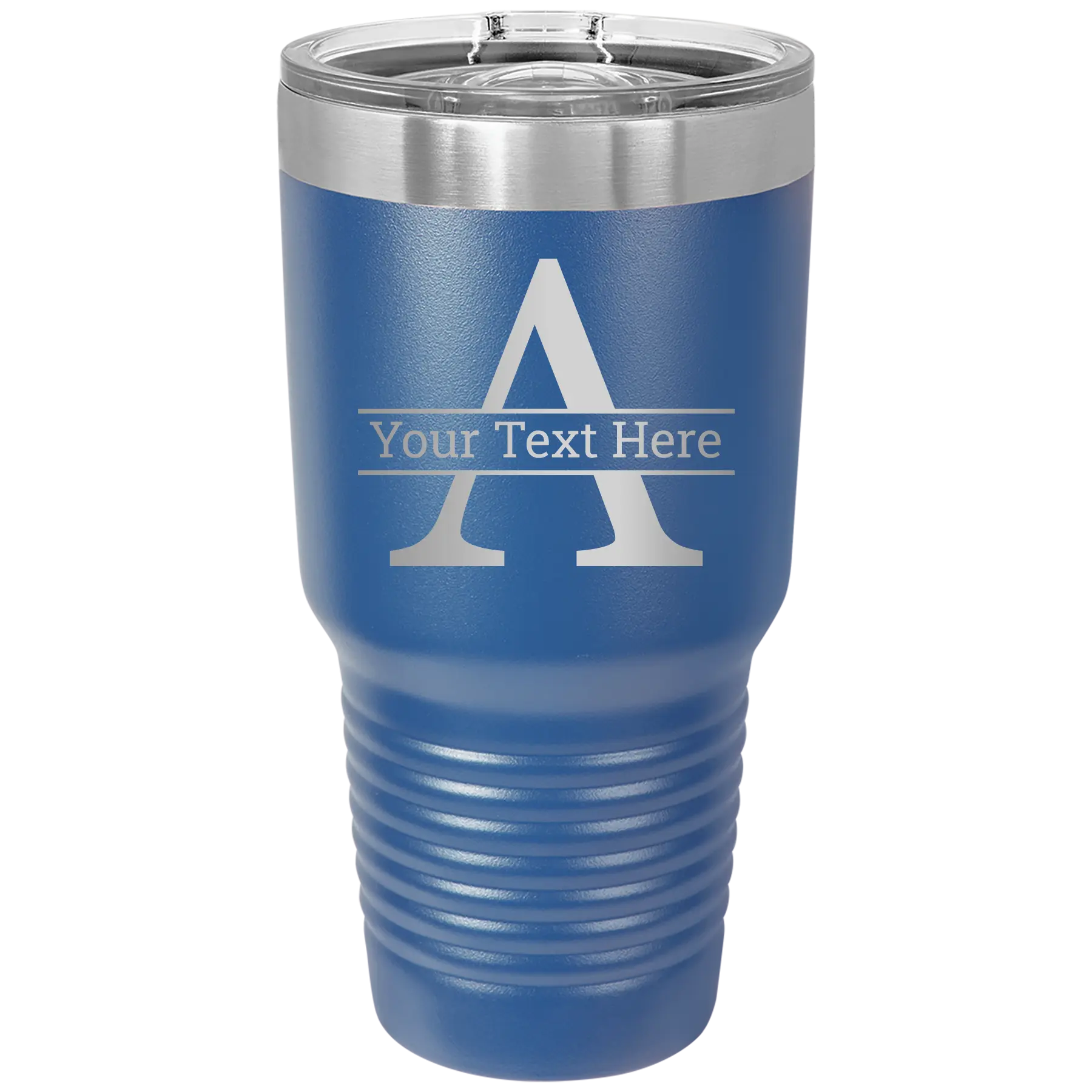 Personalized royal blue 30 oz vacuum insulated tumbler with 'Monogram letter A' design