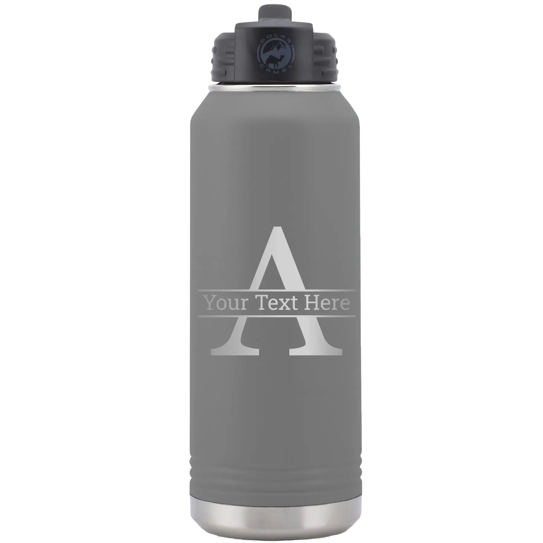 Personalized dark gray 32 oz vacuum insulated water bottle with 'Monogram letter A' design