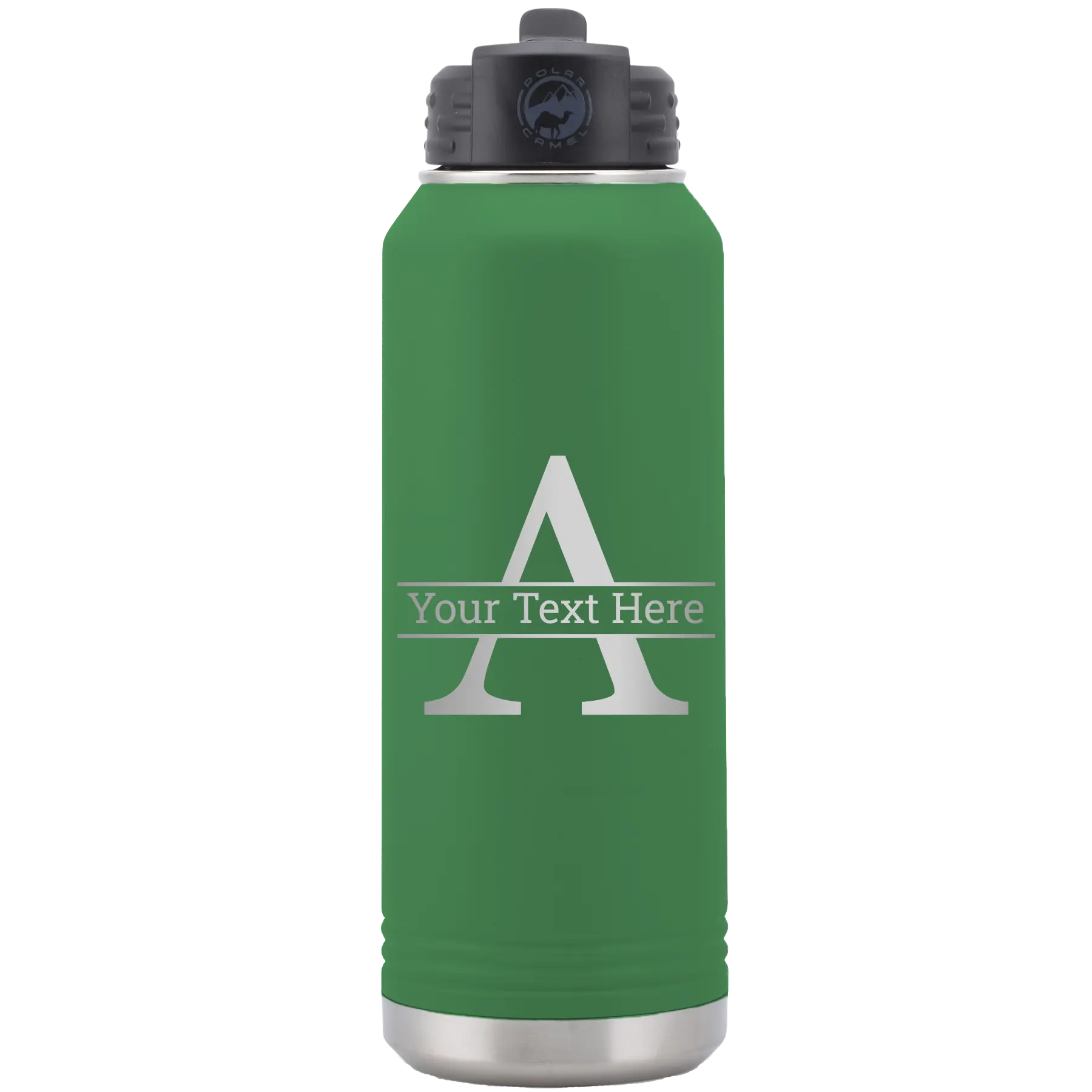 Personalized green 32 oz vacuum insulated water bottle with 'Monogram letter A' design