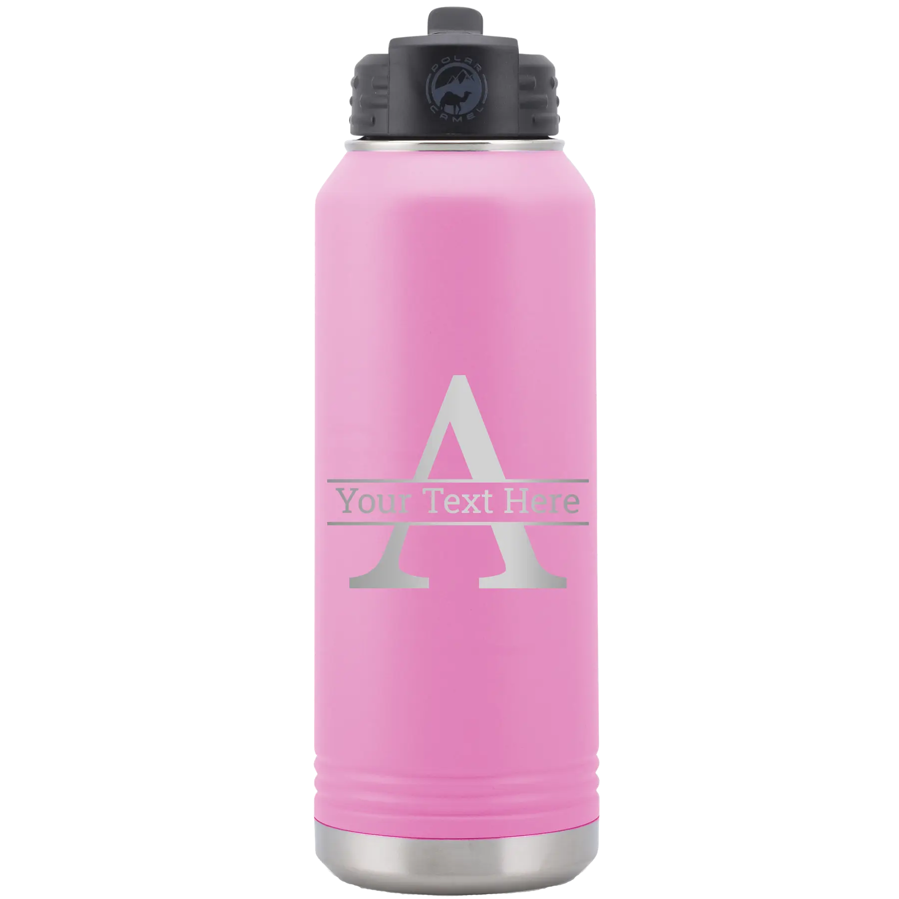 Personalized light purple 32 oz vacuum insulated water bottle with 'Monogram letter A' design