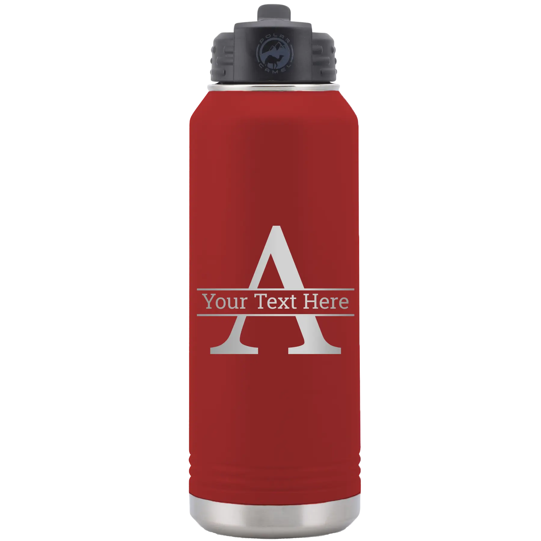 Personalized maroon 32 oz vacuum insulated water bottle with 'Monogram letter A' design