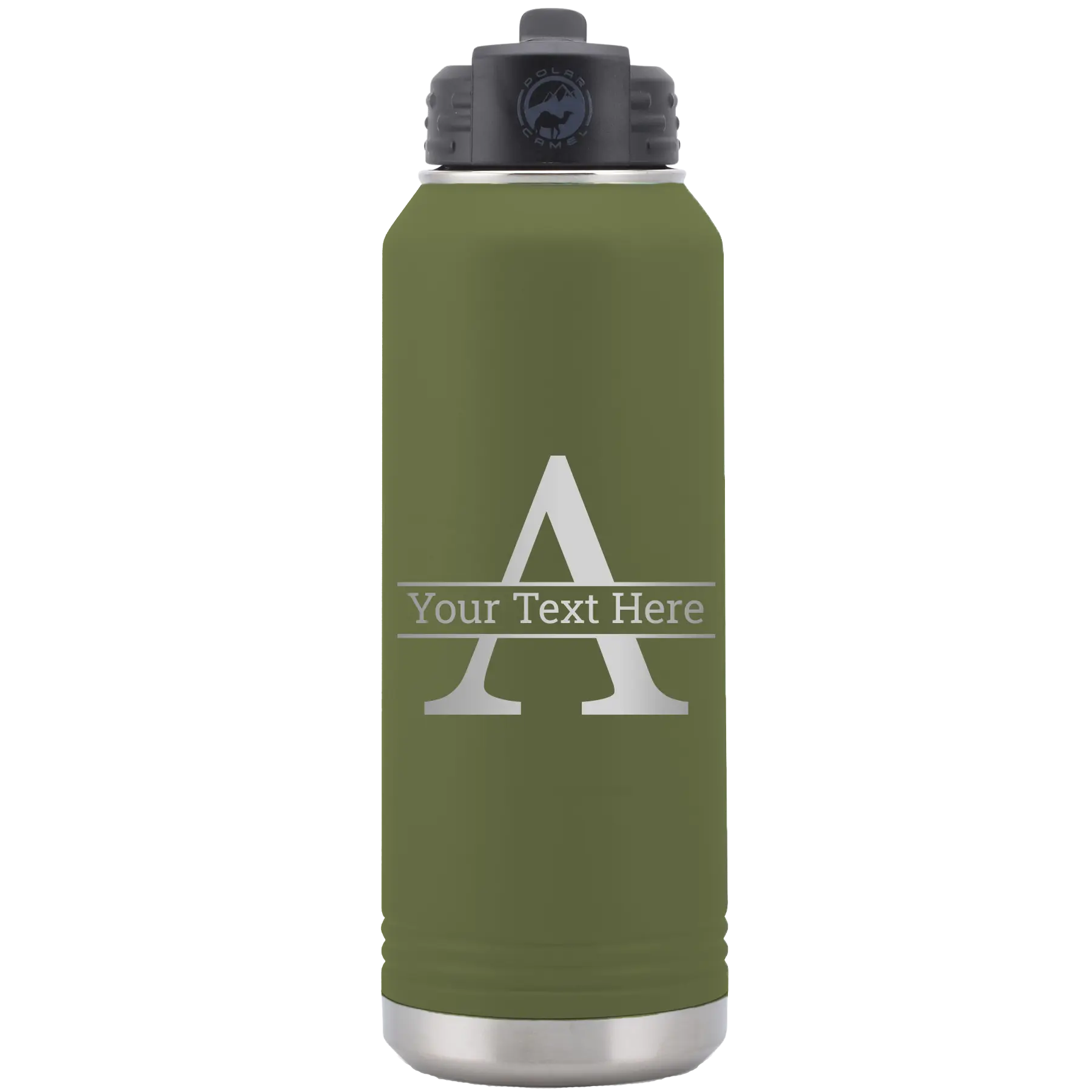 Personalized olive green 32 oz vacuum insulated water bottle with 'Monogram letter A' design