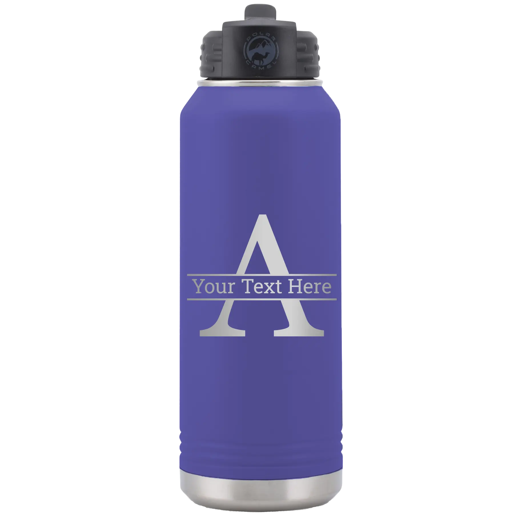 Personalized purple 32 oz vacuum insulated water bottle with 'Monogram letter A' design