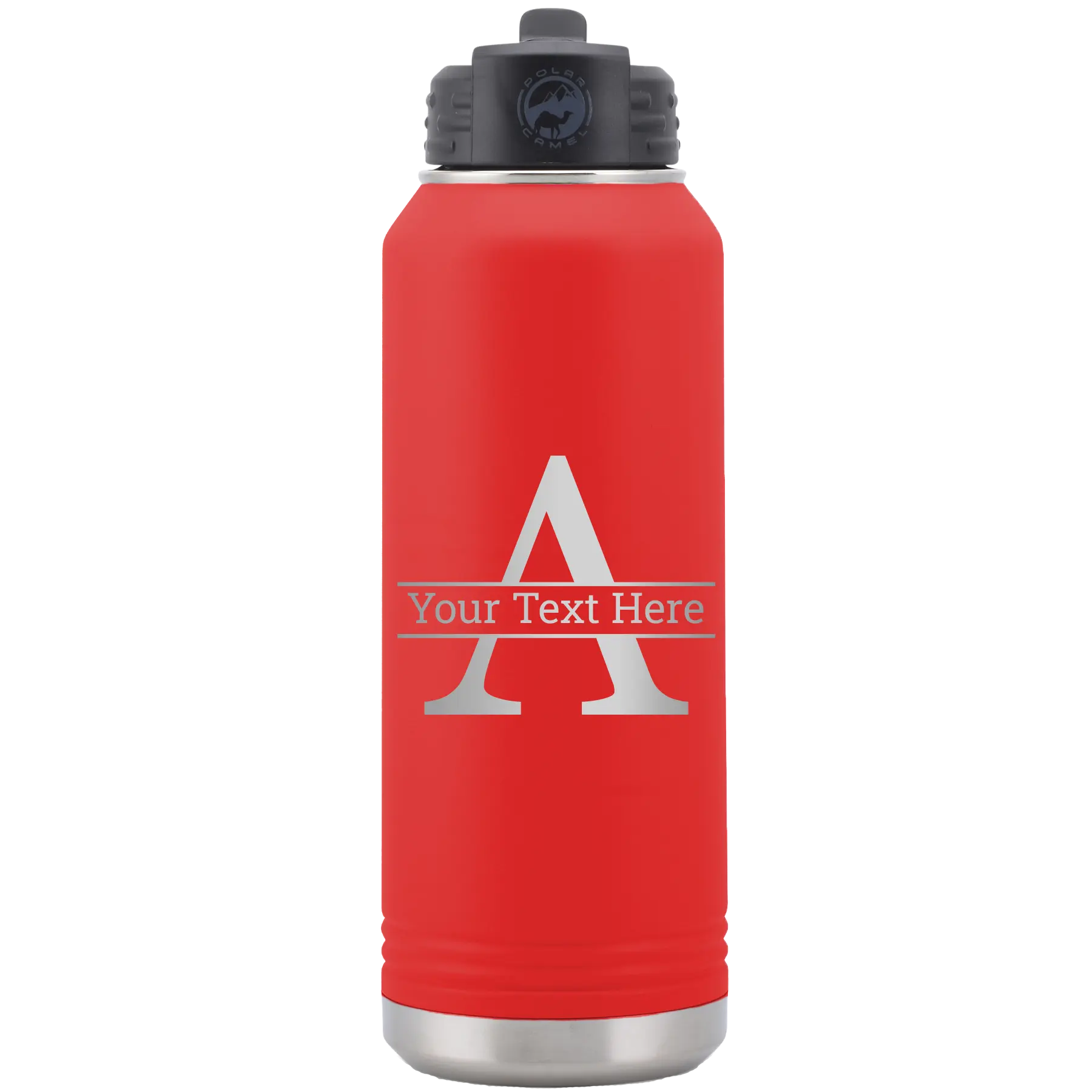 Personalized red 32 oz vacuum insulated water bottle with 'Monogram letter A' design