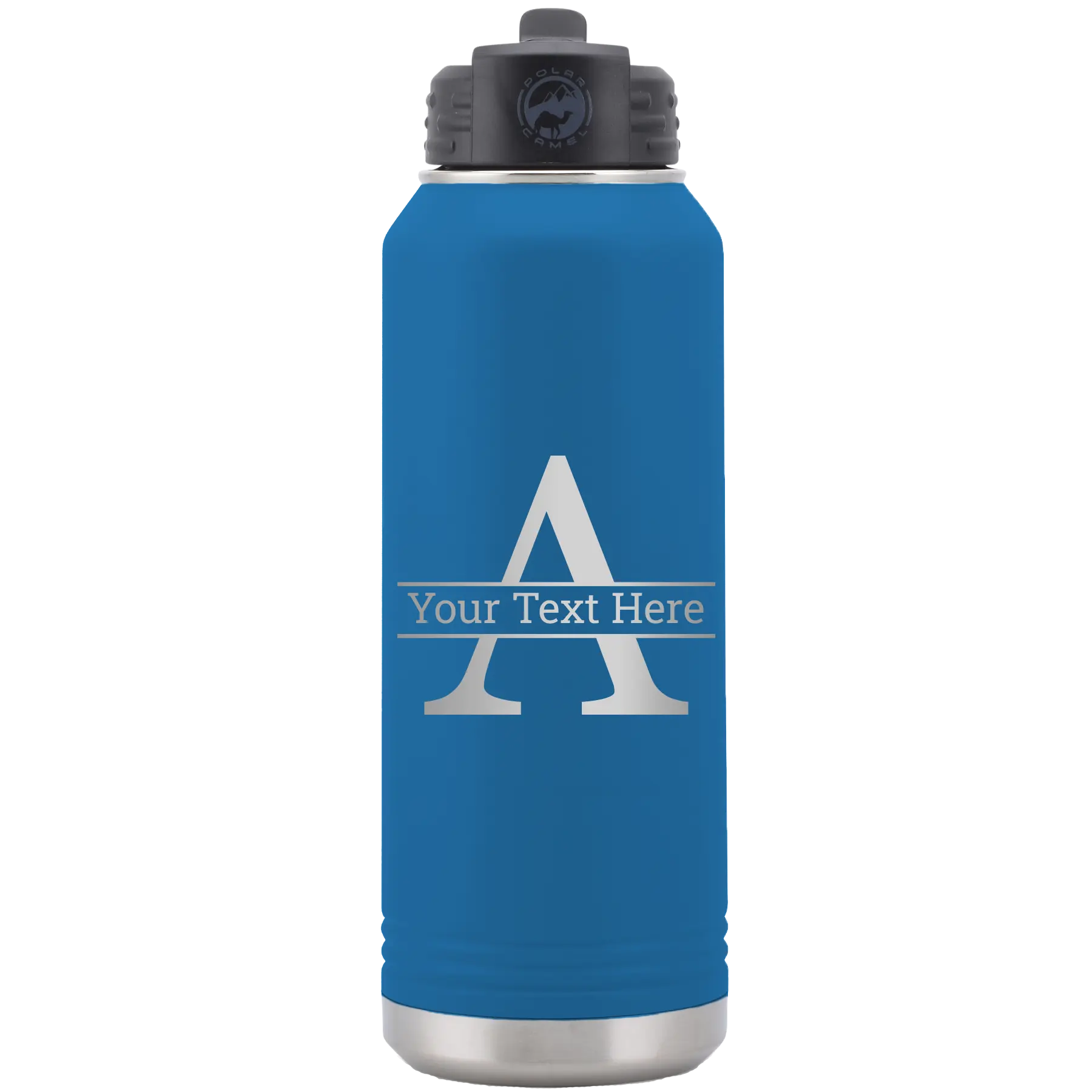Personalized royal blue 32 oz vacuum insulated water bottle with 'Monogram letter A' design