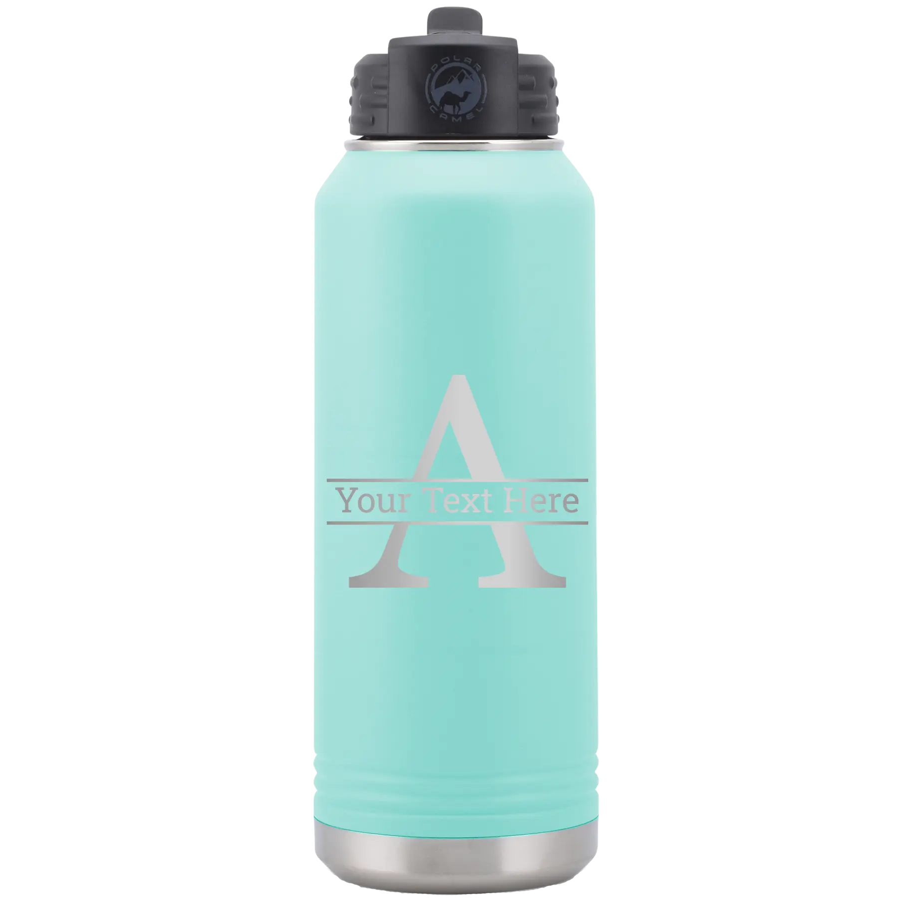 Personalized teal 32 oz vacuum insulated water bottle with 'Monogram letter A' design