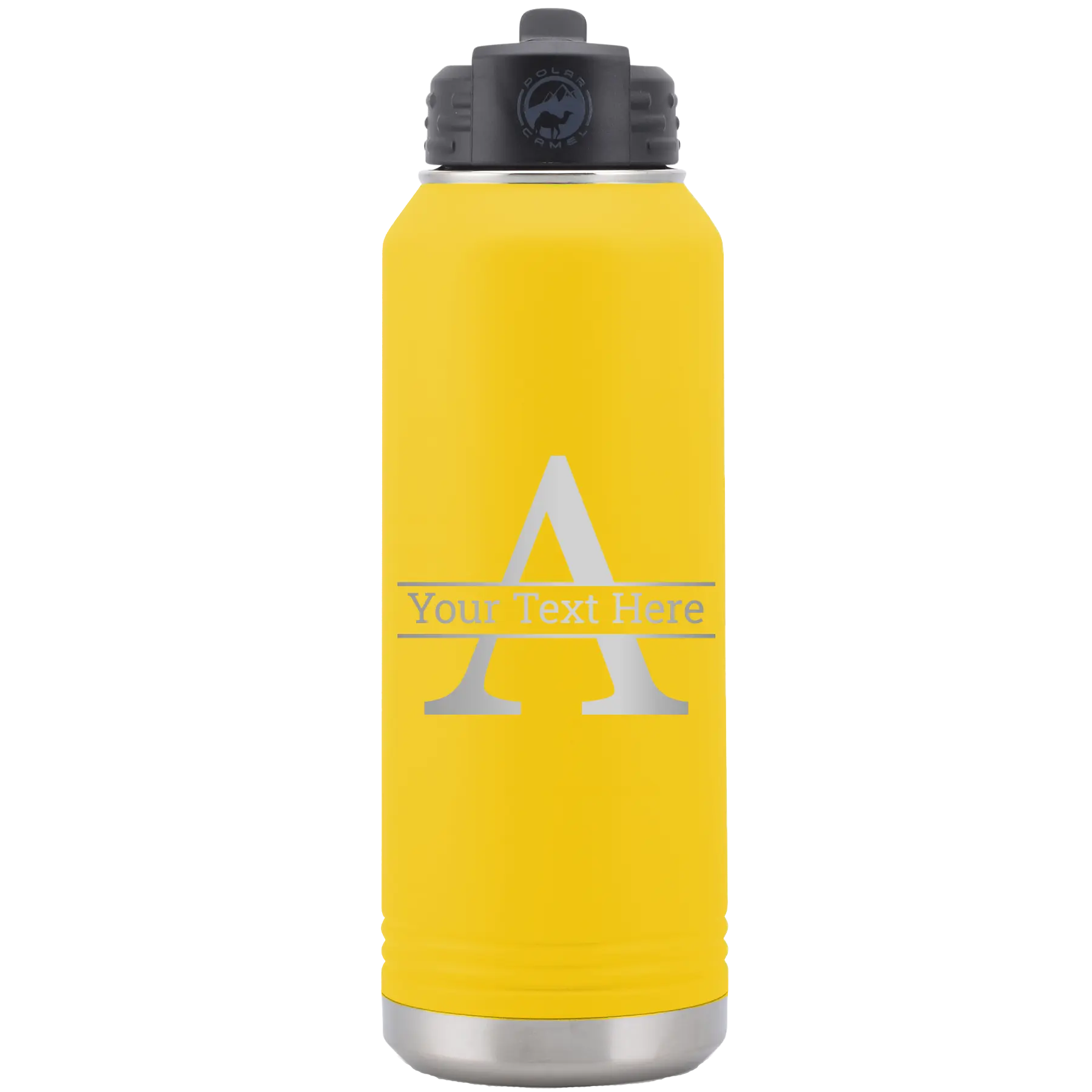 Personalized yellow 32 oz vacuum insulated water bottle with 'Monogram letter A' design