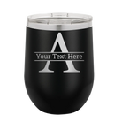 Personalized black 12 oz vacuum insulated wine cup with 'Monogram letter A' design