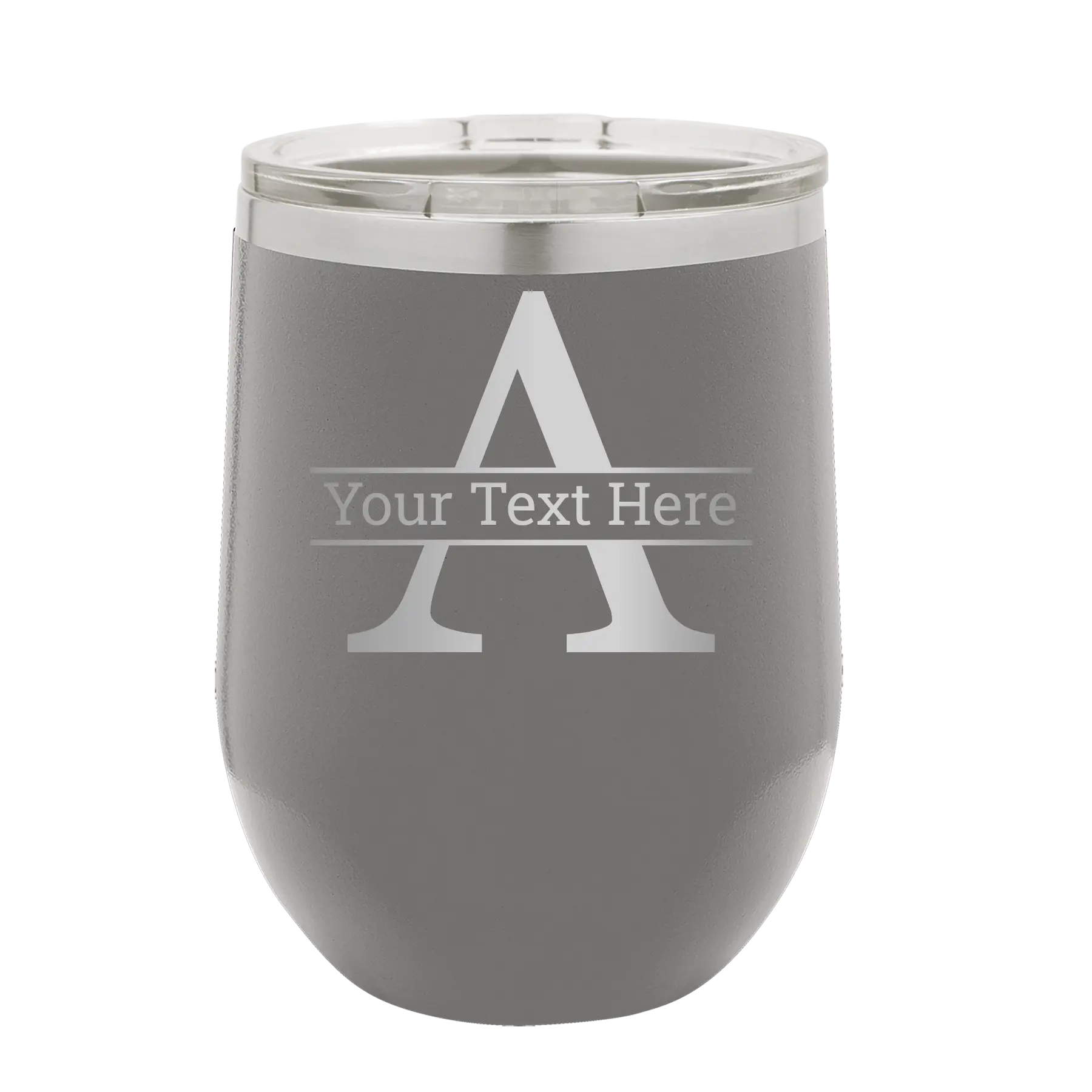 Personalized dark gray 12 oz vacuum insulated wine cup with 'Monogram letter A' design