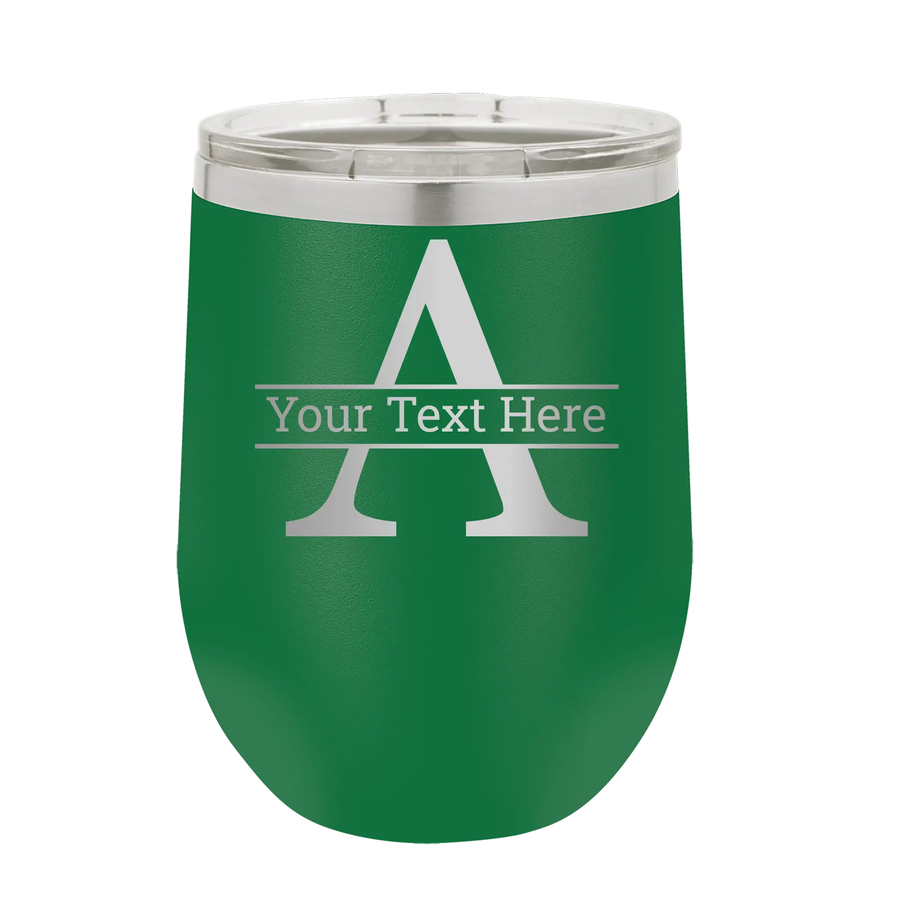 Personalized green 12 oz vacuum insulated wine cup with 'Monogram letter A' design
