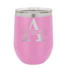 Personalized light purple 12 oz vacuum insulated wine cup with 'Monogram letter A' design