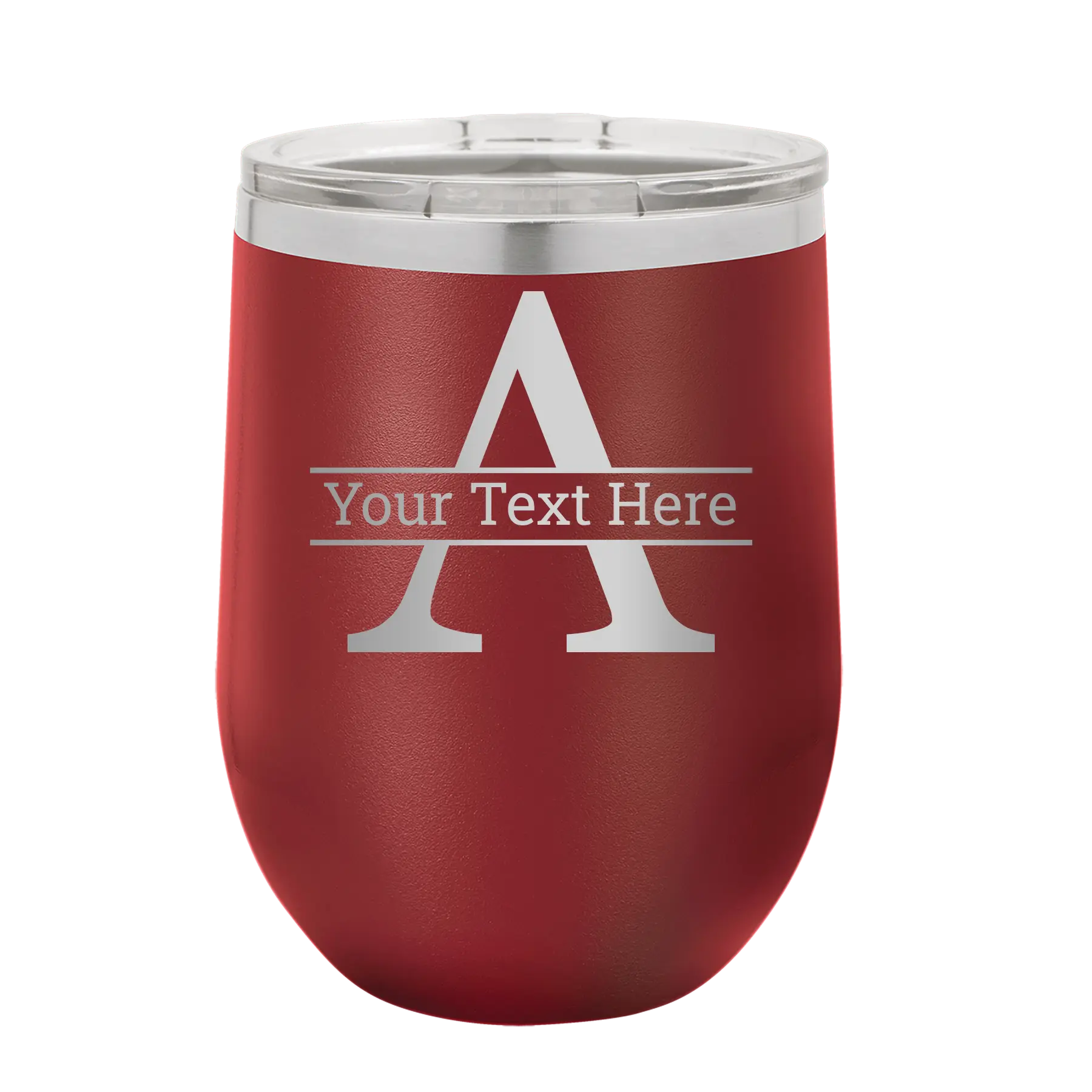 Personalized maroon 12 oz vacuum insulated wine cup with 'Monogram letter A' design