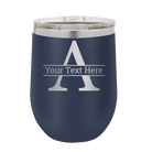 Personalized navy 12 oz vacuum insulated wine cup with 'Monogram letter A' design