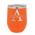 Personalized orange 12 oz vacuum insulated wine cup with 'Monogram letter A' design