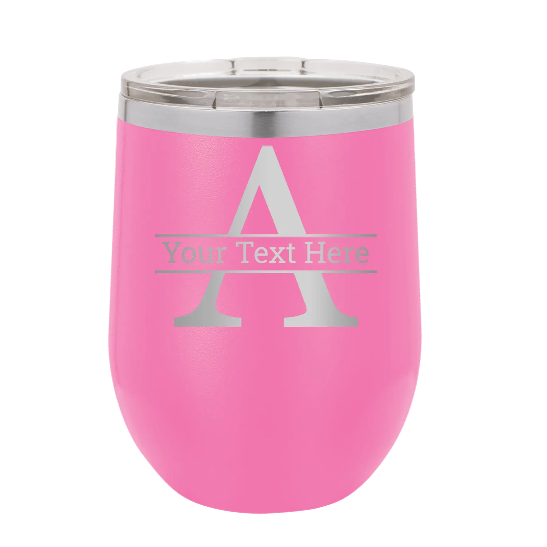 Personalized pink 12 oz vacuum insulated wine cup with 'Monogram letter A' design