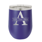 Personalized purple 12 oz vacuum insulated wine cup with 'Monogram letter A' design