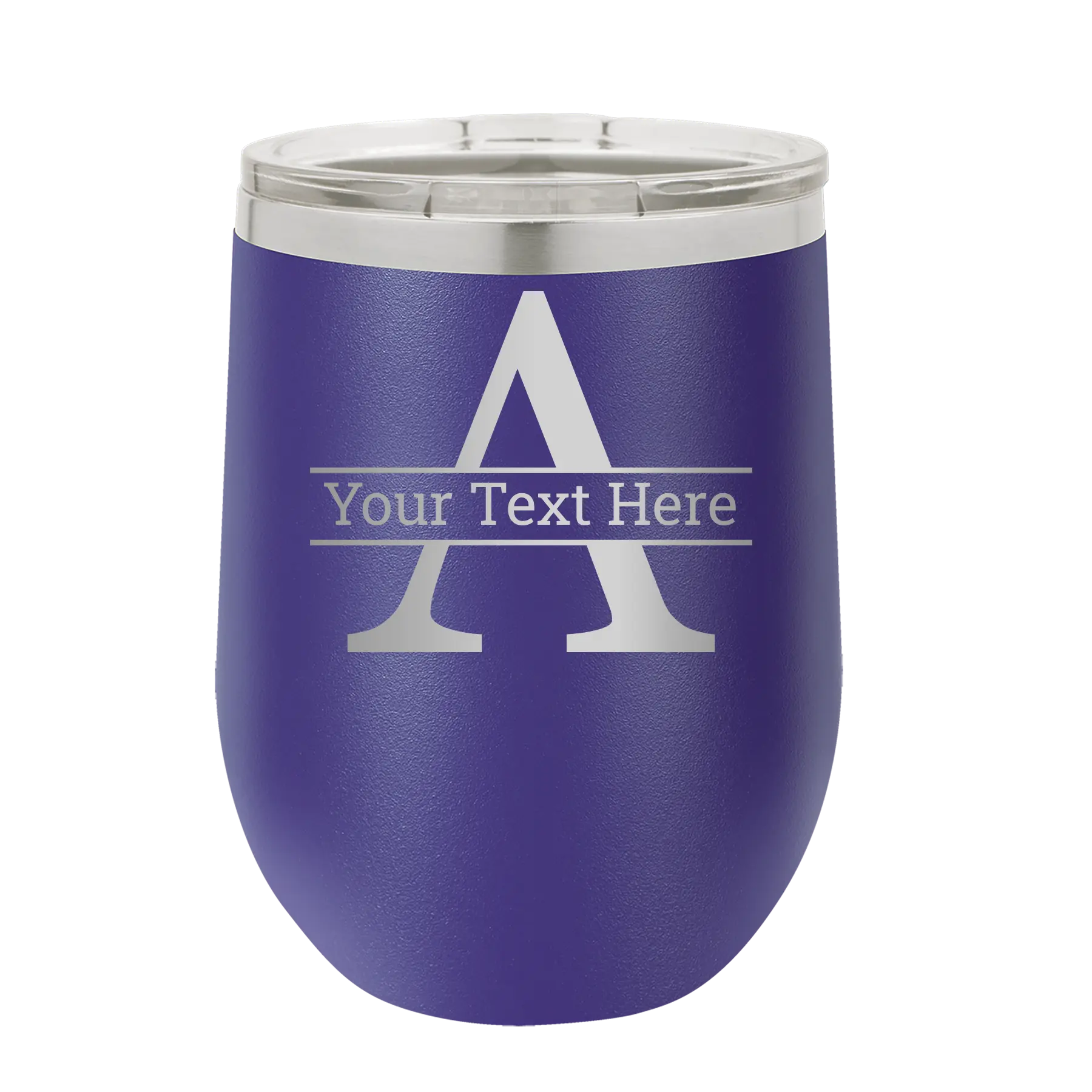 Personalized purple 12 oz vacuum insulated wine cup with 'Monogram letter A' design