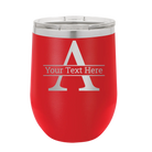 Personalized red 12 oz vacuum insulated wine cup with 'Monogram letter A' design