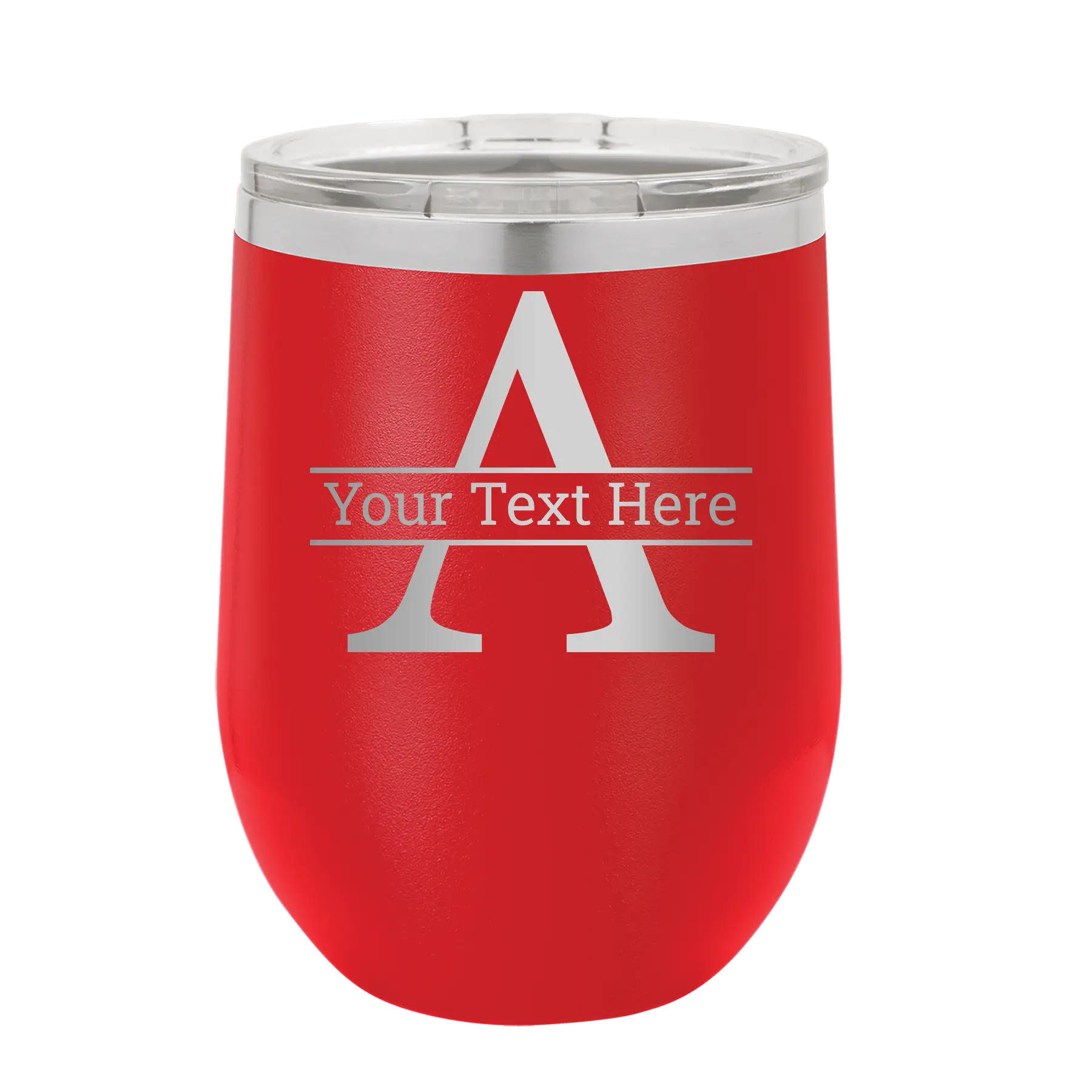 Personalized red 12 oz vacuum insulated wine cup with 'Monogram letter A' design
