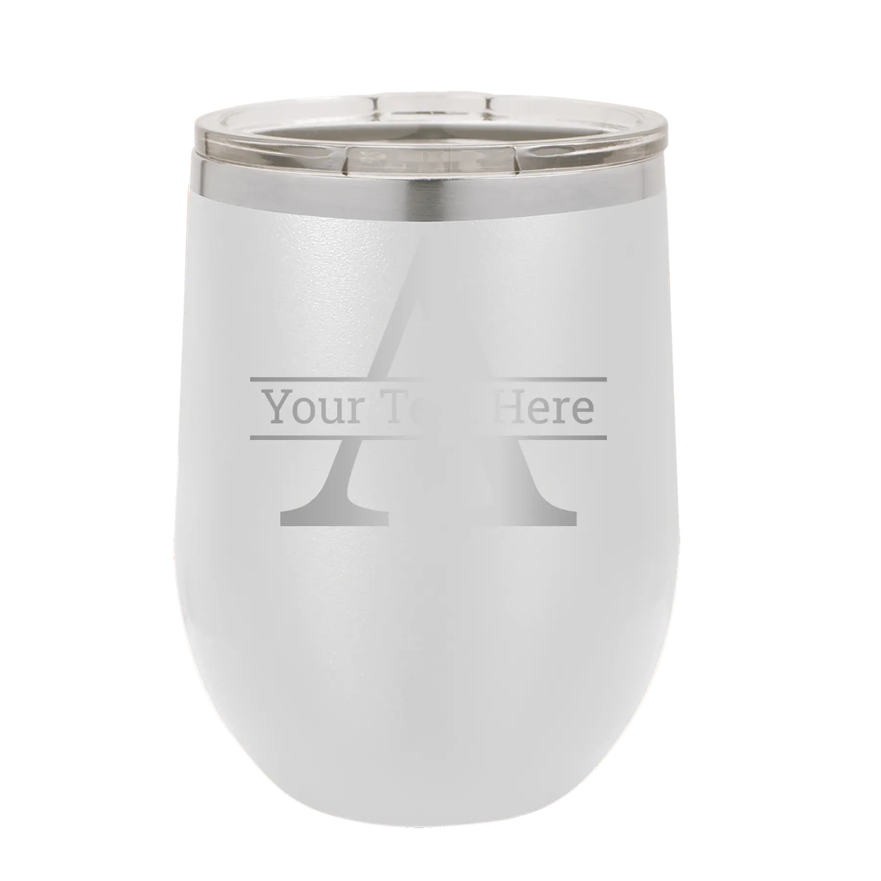 Personalized white 12 oz vacuum insulated wine cup with 'Monogram letter A' design