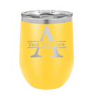 Personalized yellow 12 oz vacuum insulated wine cup with 'Monogram letter A' design