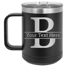 Personalized black 15 oz vacuum insulated coffee mug with 'Monogram letter B' design