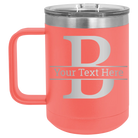 Personalized coral 15 oz vacuum insulated coffee mug with 'Monogram letter B' design