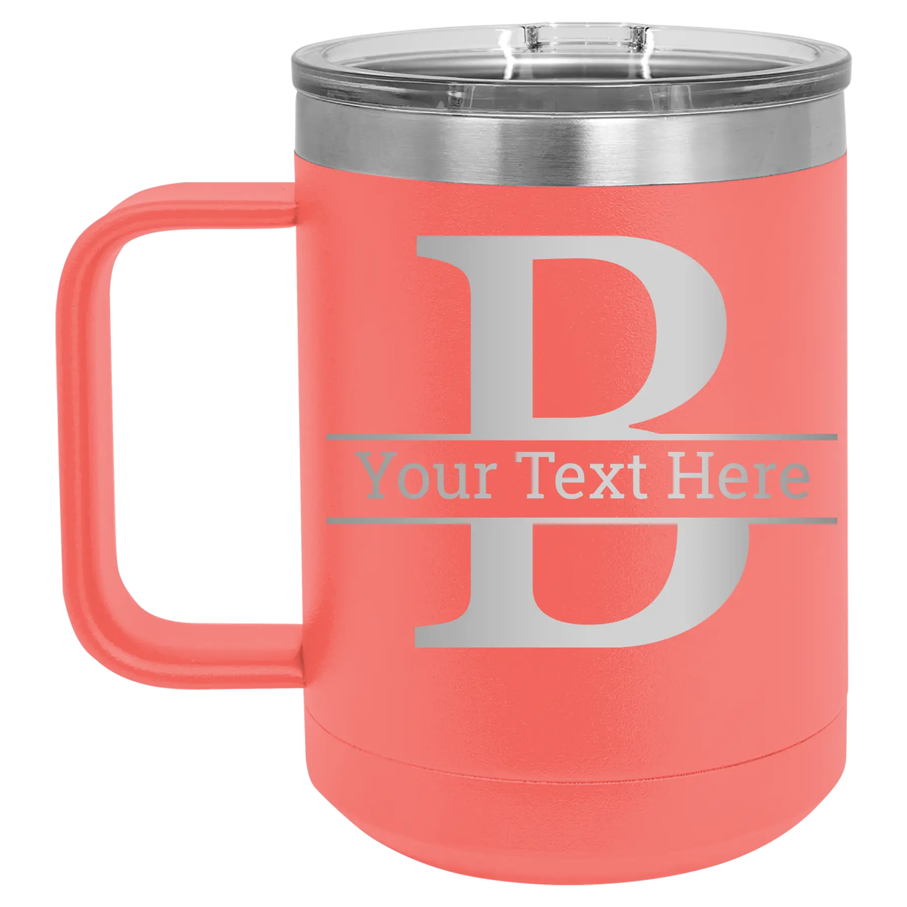 Personalized coral 15 oz vacuum insulated coffee mug with 'Monogram letter B' design