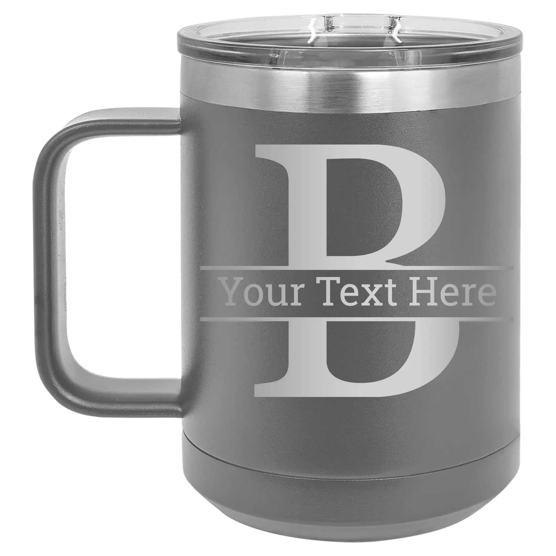 Personalized dark gray 15 oz vacuum insulated coffee mug with 'Monogram letter B' design