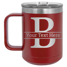 Personalized maroon 15 oz vacuum insulated coffee mug with 'Monogram letter B' design