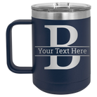 Personalized navy 15 oz vacuum insulated coffee mug with 'Monogram letter B' design