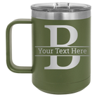 Personalized olive green 15 oz vacuum insulated coffee mug with 'Monogram letter B' design