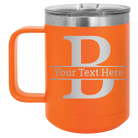 Personalized orange 15 oz vacuum insulated coffee mug with 'Monogram letter B' design