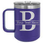 Personalized purple 15 oz vacuum insulated coffee mug with 'Monogram letter B' design
