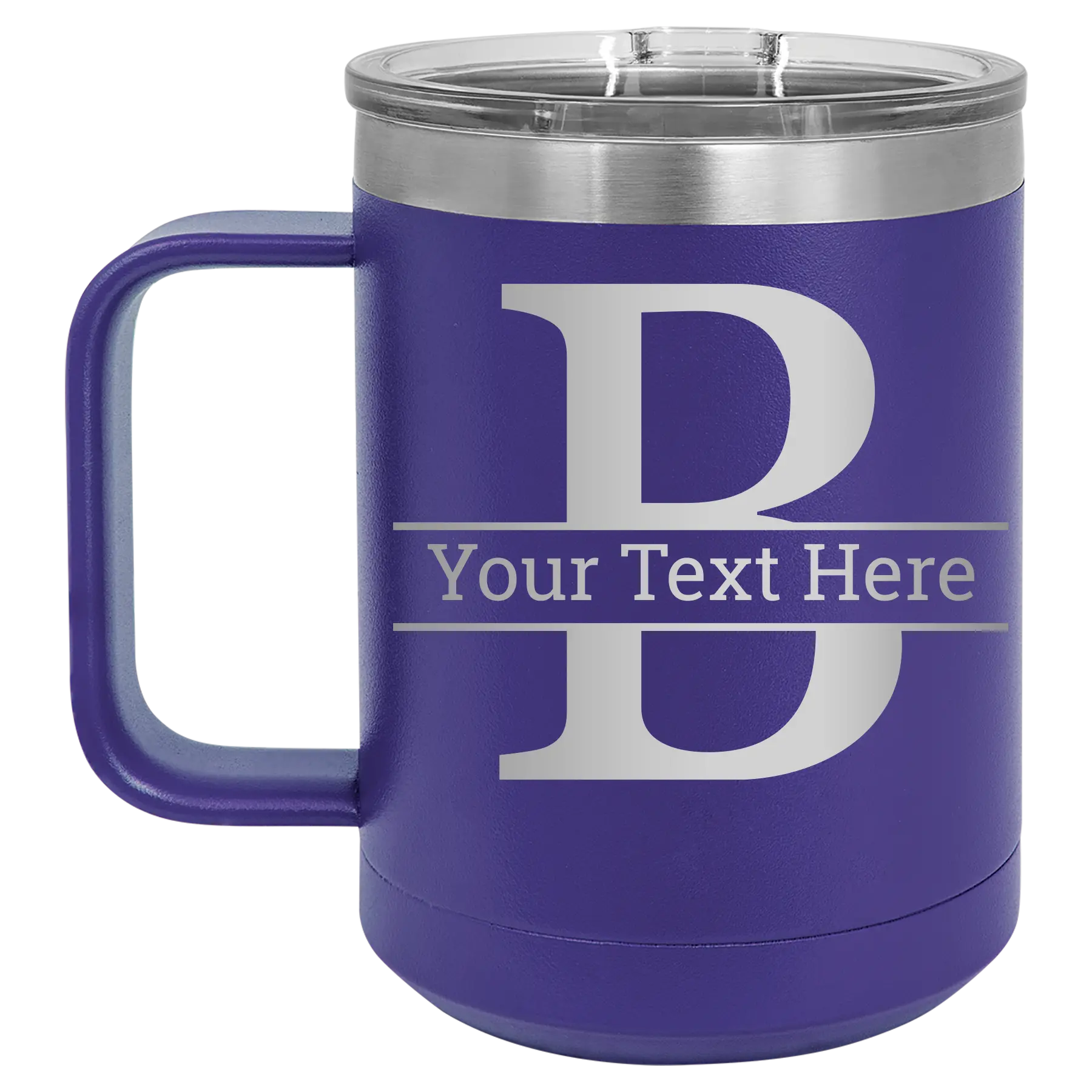 Personalized purple 15 oz vacuum insulated coffee mug with 'Monogram letter B' design