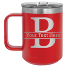 Personalized red 15 oz vacuum insulated coffee mug with 'Monogram letter B' design