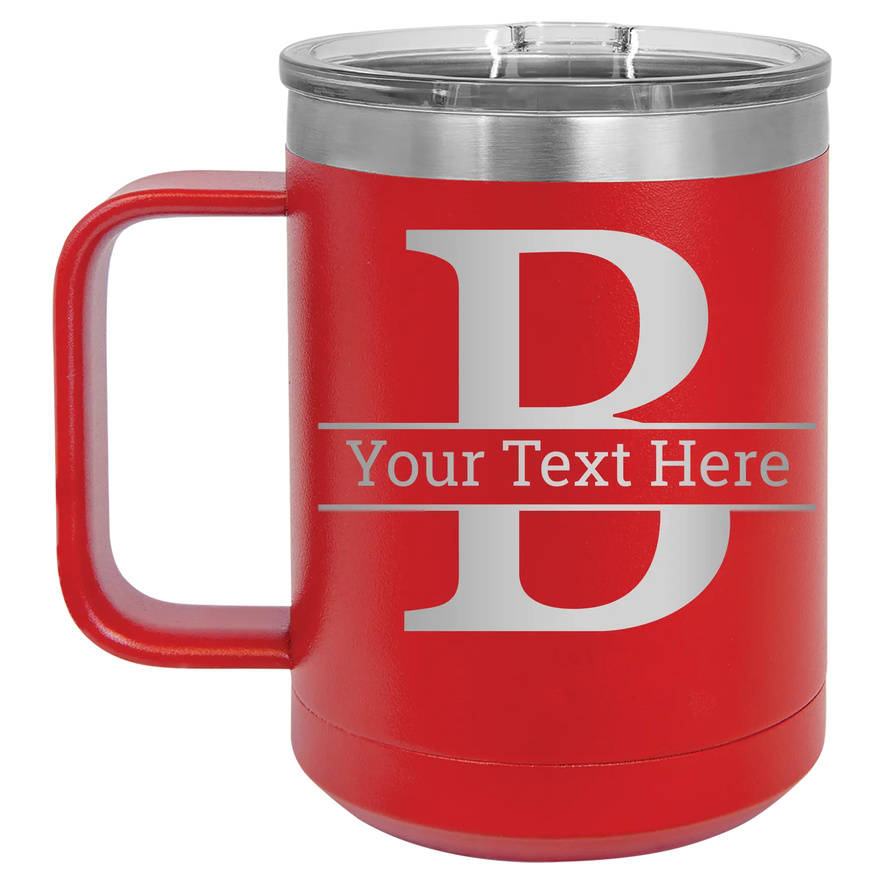 Personalized red 15 oz vacuum insulated coffee mug with 'Monogram letter B' design