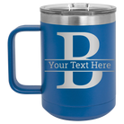 Personalized royal blue 15 oz vacuum insulated coffee mug with 'Monogram letter B' design