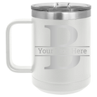 Personalized white 15 oz vacuum insulated coffee mug with 'Monogram letter B' design