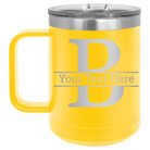 Personalized yellow 15 oz vacuum insulated coffee mug with 'Monogram letter B' design