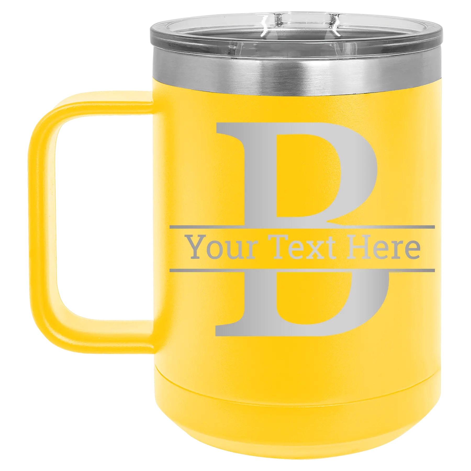 Personalized yellow 15 oz vacuum insulated coffee mug with 'Monogram letter B' design