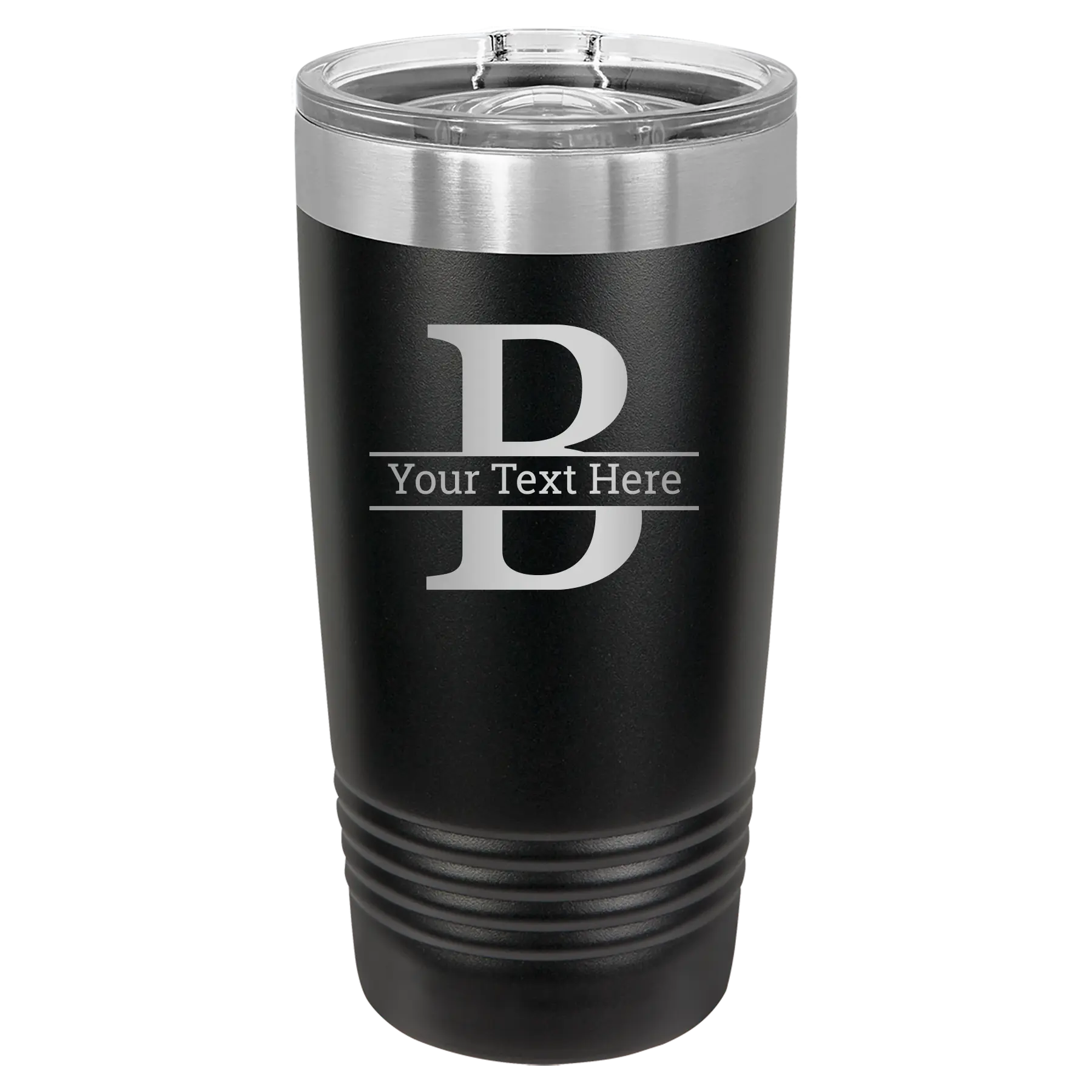 Personalized black 20 oz vacuum insulated tumbler with 'Monogram letter B' design