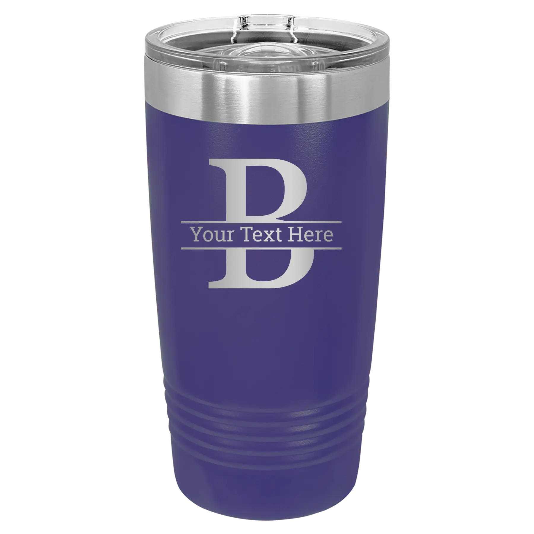Personalized purple 20 oz vacuum insulated tumbler with 'Monogram letter B' design