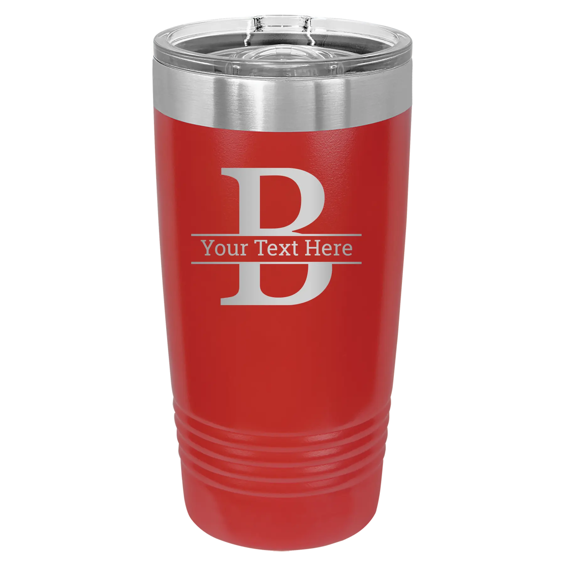Personalized red 20 oz vacuum insulated tumbler with 'Monogram letter B' design
